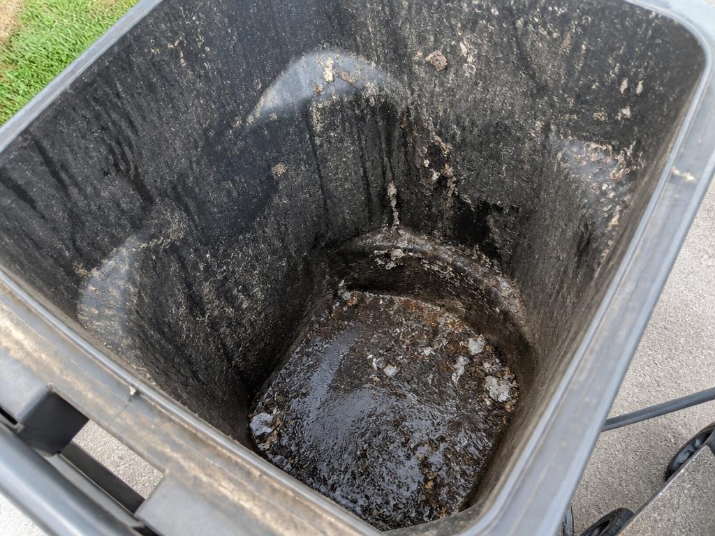 Dirty residential trash bin before cleaning